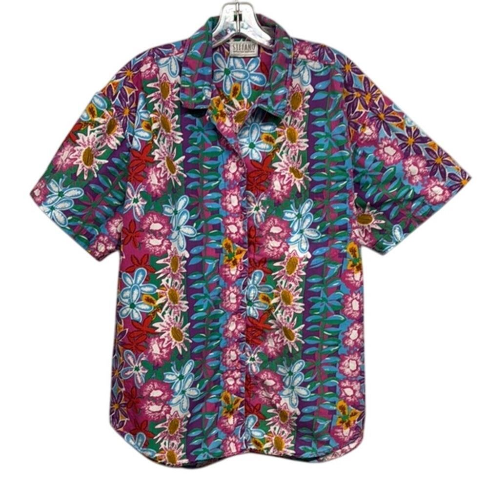 Vintage Women's Stefano‎ Colorful Floral Short Sleeve Button Up Top Size 18/20
